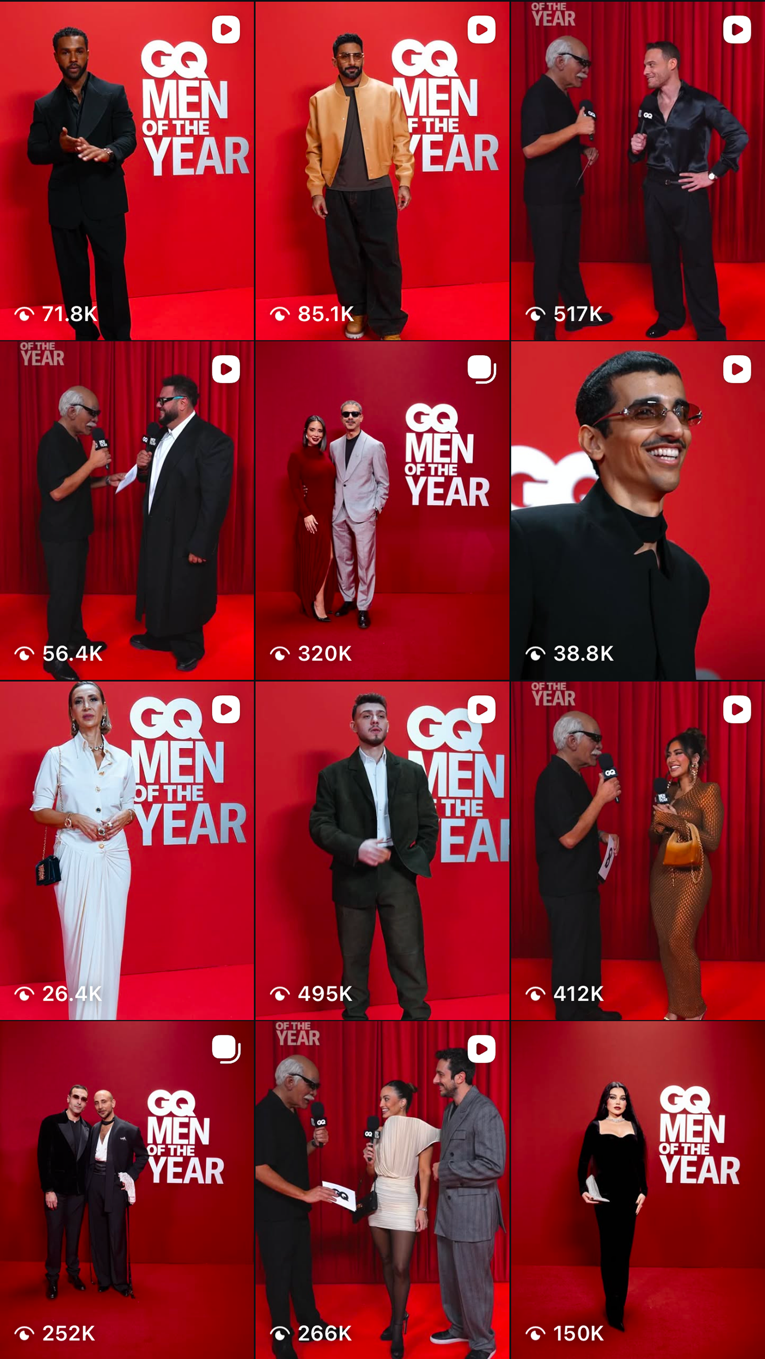 Celebrities attending the GQ Men of the Year event, posing in front of a red backdrop with the event logo. The individuals are dressed in stylish outfits, some being interviewed or posing for photos. The event appears to be a formal celebration honor