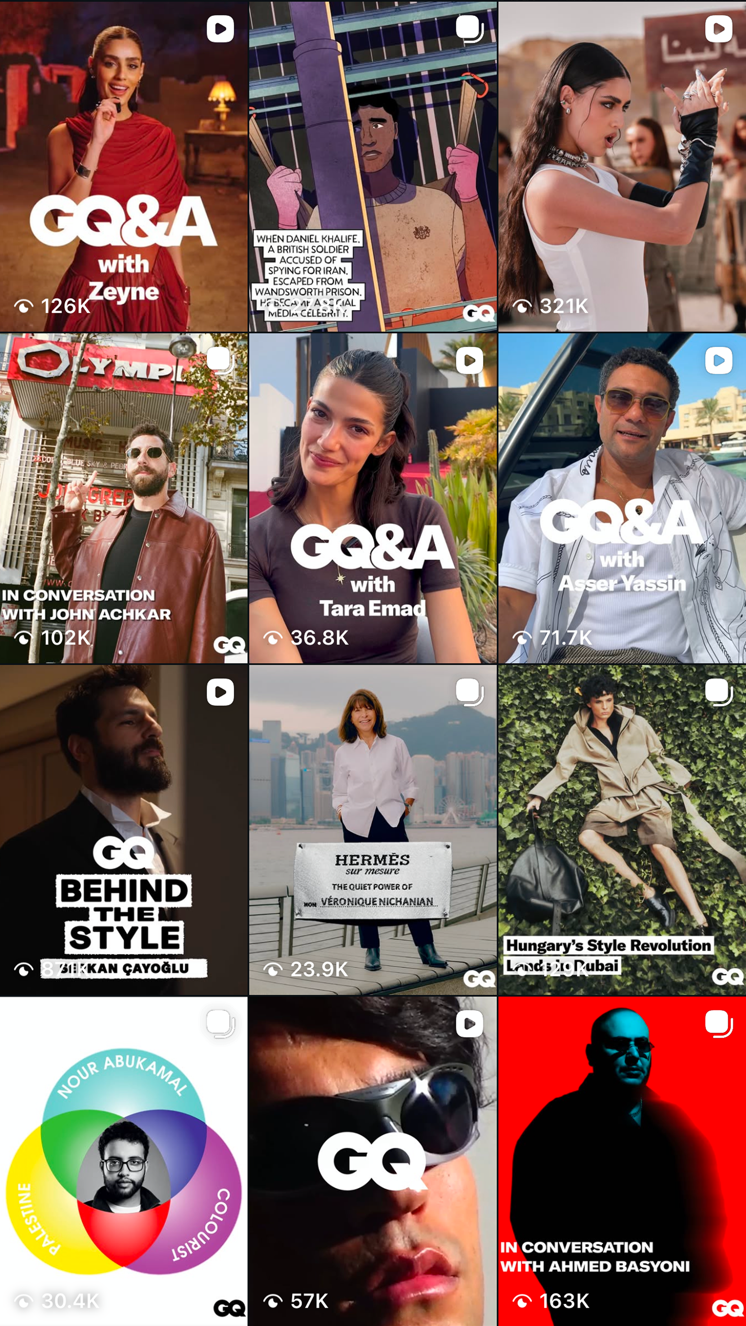 Grid of nine video thumbnails from GQ, featuring various individuals in different settings, some in urban environments, outdoors, or studio. Text overlays indicate interviews with Zeyne, Tara Emad, Asser Yassin, and others, including topics like styl