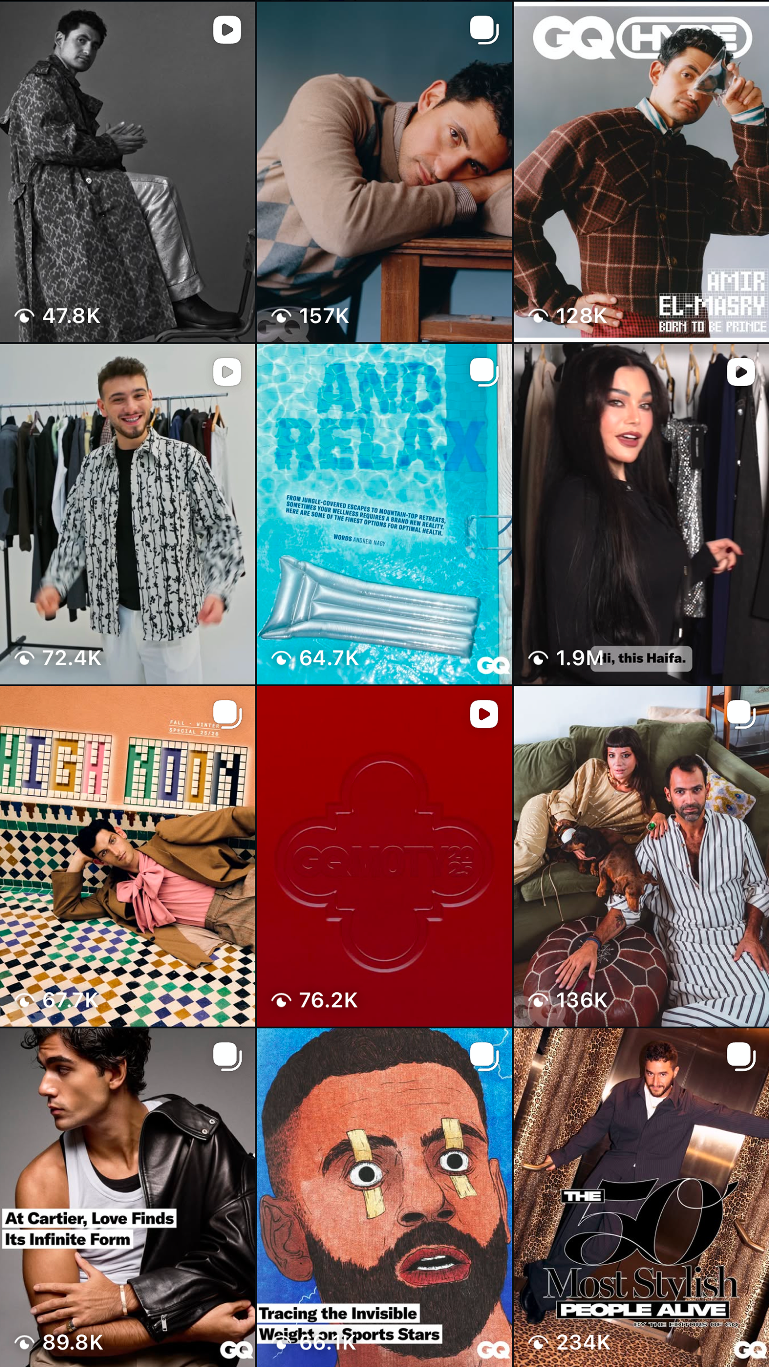 Collage of twelve images featuring models, fashion, and lifestyle scenes. From top left to bottom right: a black-and-white portrait of a man sitting; a man resting his head on a table; a man in plaid shirt with glasses; a smiling man in striped shirt