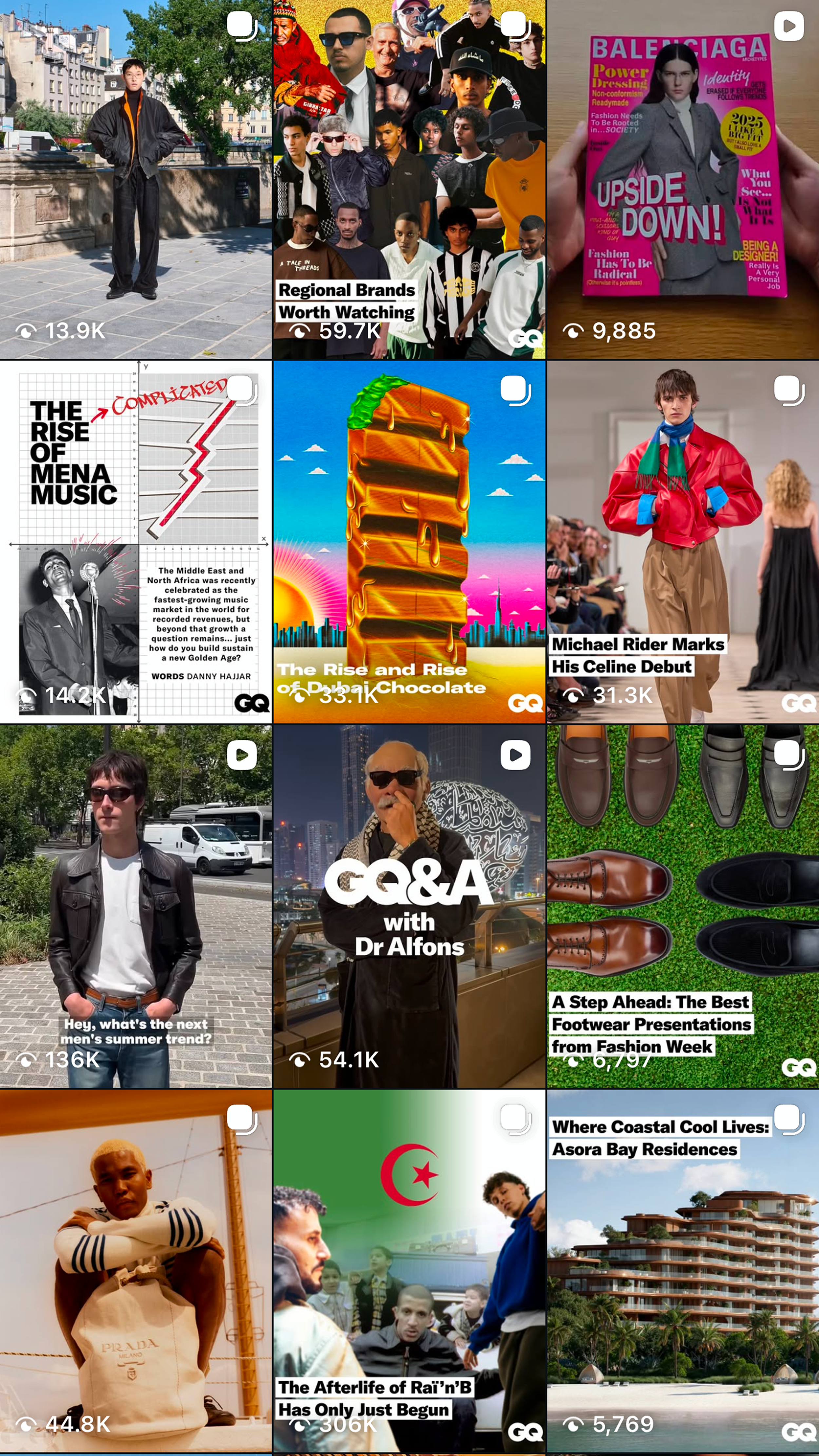 Nine social media thumbnail previews, including 1: a young person in a black jacket standing in a city square; 2: a collage of hip-hop artists with text about regional brands; 3: a magazine cover with a woman in a gray blazer; 4: a graphic about musi