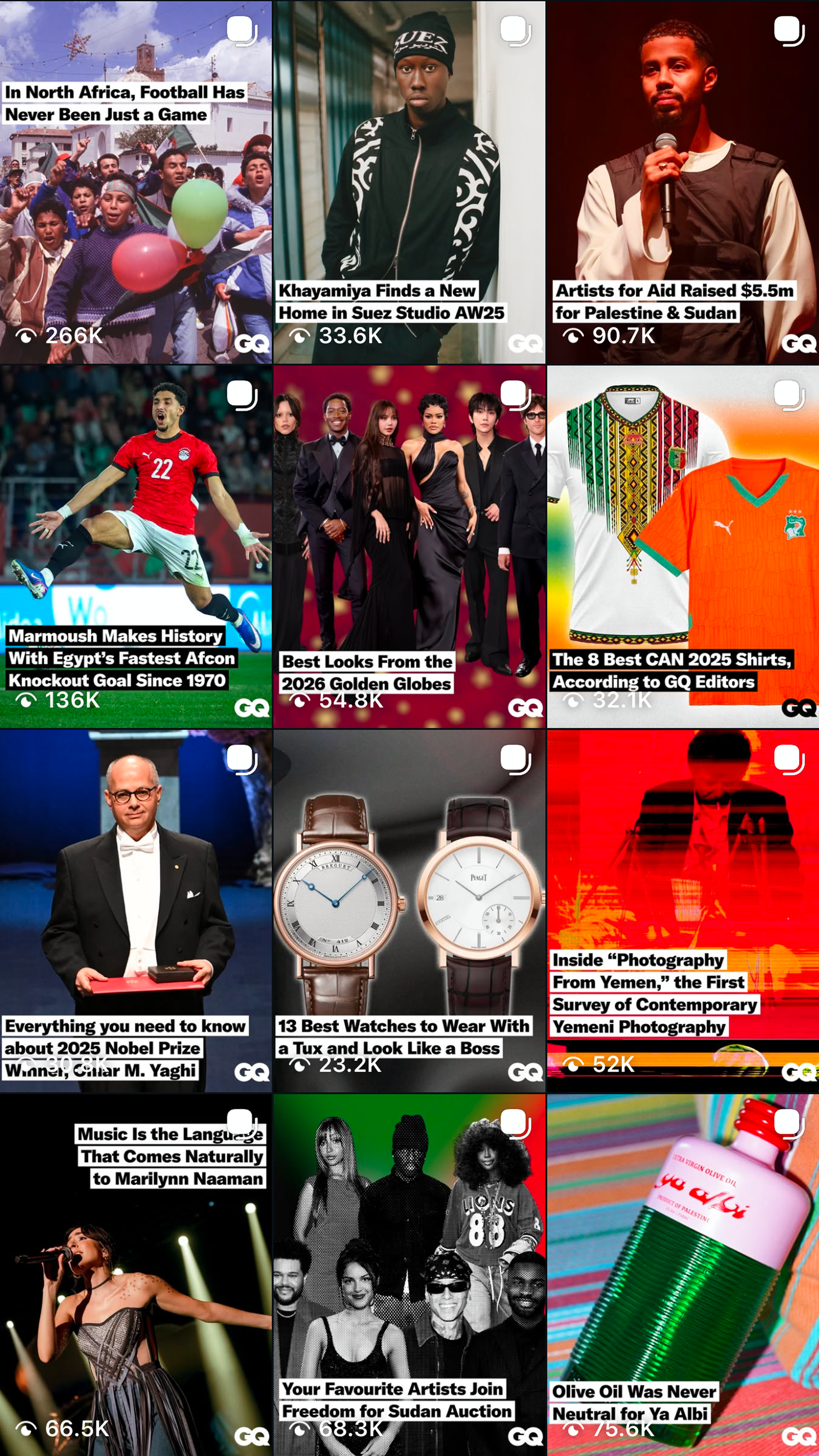 A collage of nine social media thumbnails about various topics including North African football, Suez Studio fashion, artist aid fundraising, Egypt's football achievements, awards fashion, best CAN shirts, Nobel Prize, luxury watches, Yemeni photogra