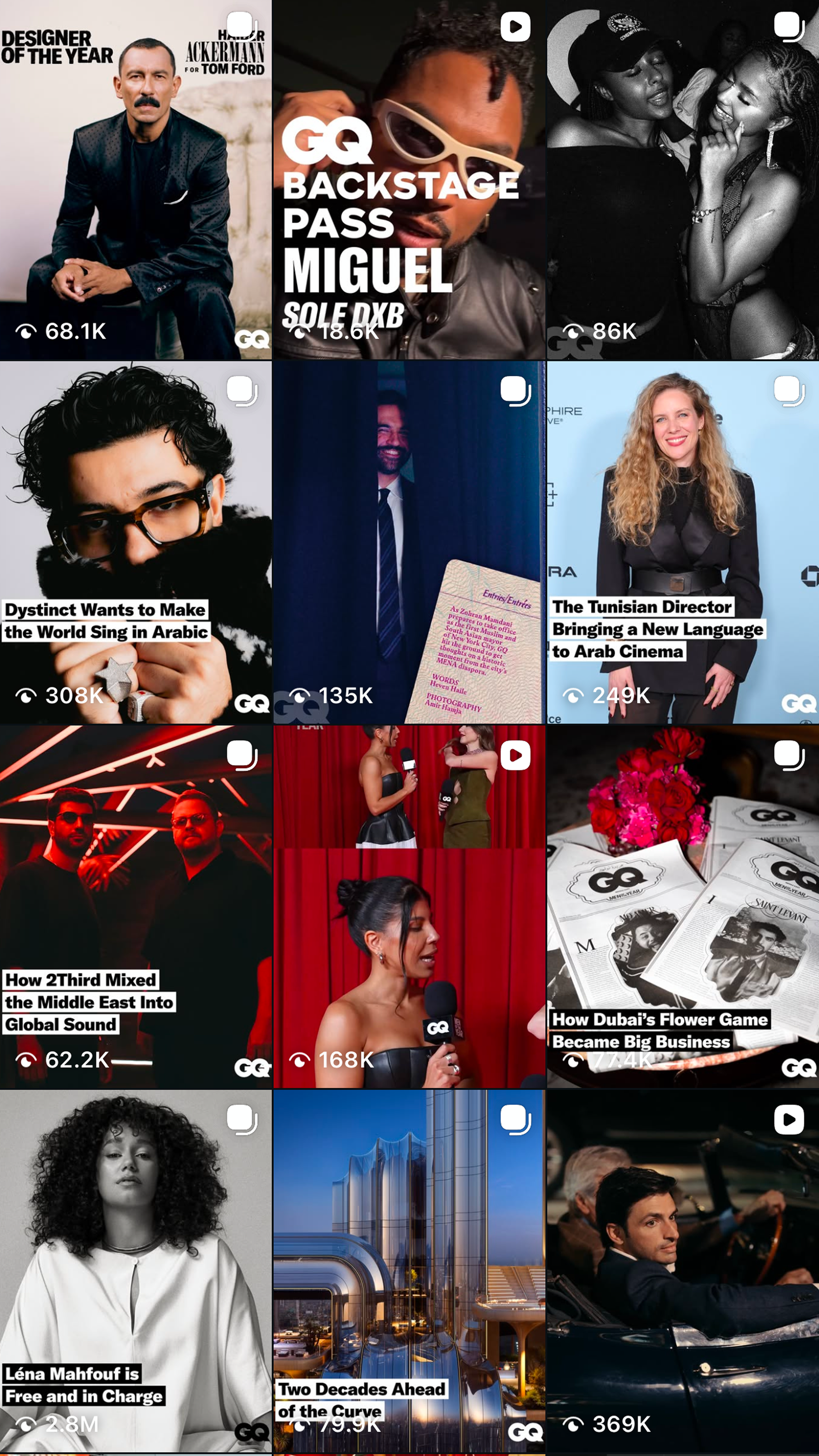 A collage of nine images including celebrities, a building, and a man driving a car, with various headlines about fashion, film, music, and business news.