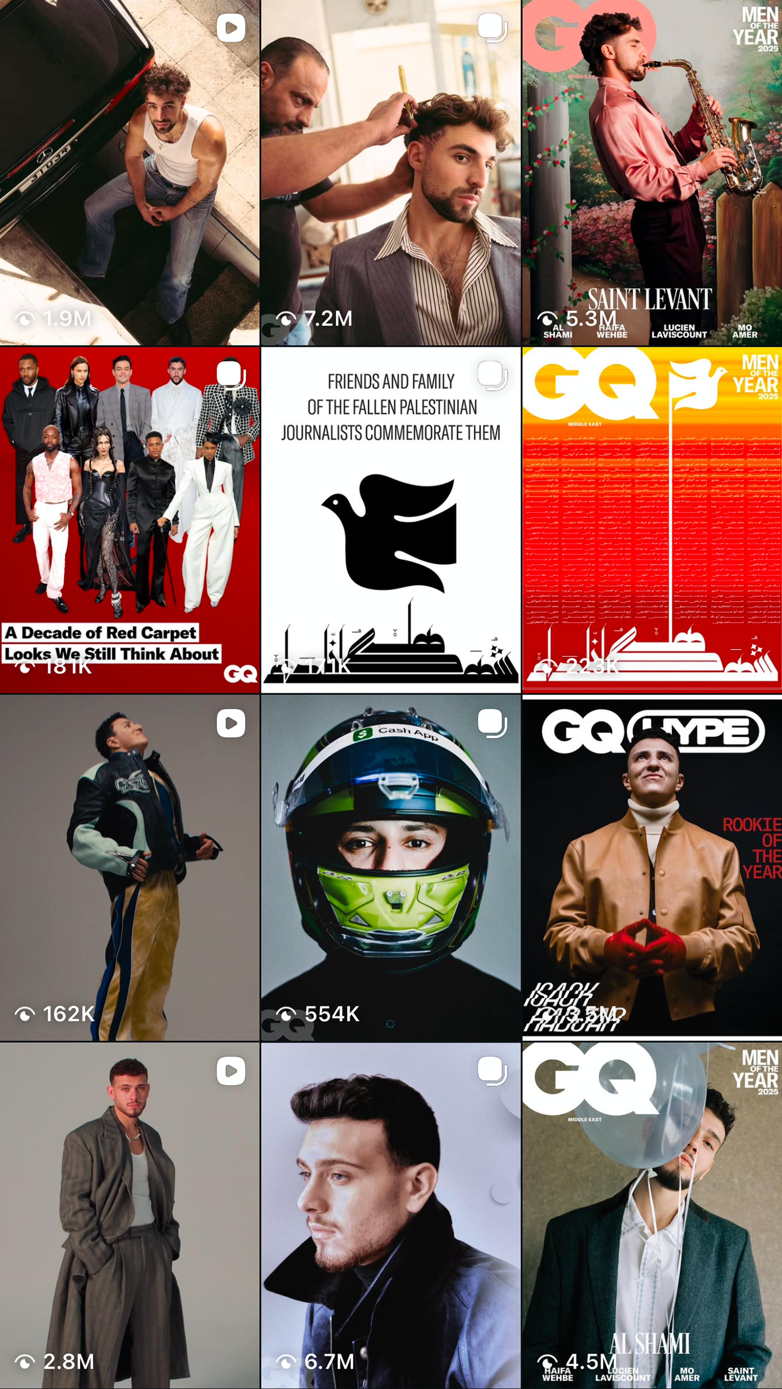 Collage of nine images of male models and celebrities, including a man getting a haircut, a man with a beard, a saxophonist, a group on a red carpet, a black dove illustration, a graphic with red and yellow text, a young man in a racing helmet, a man