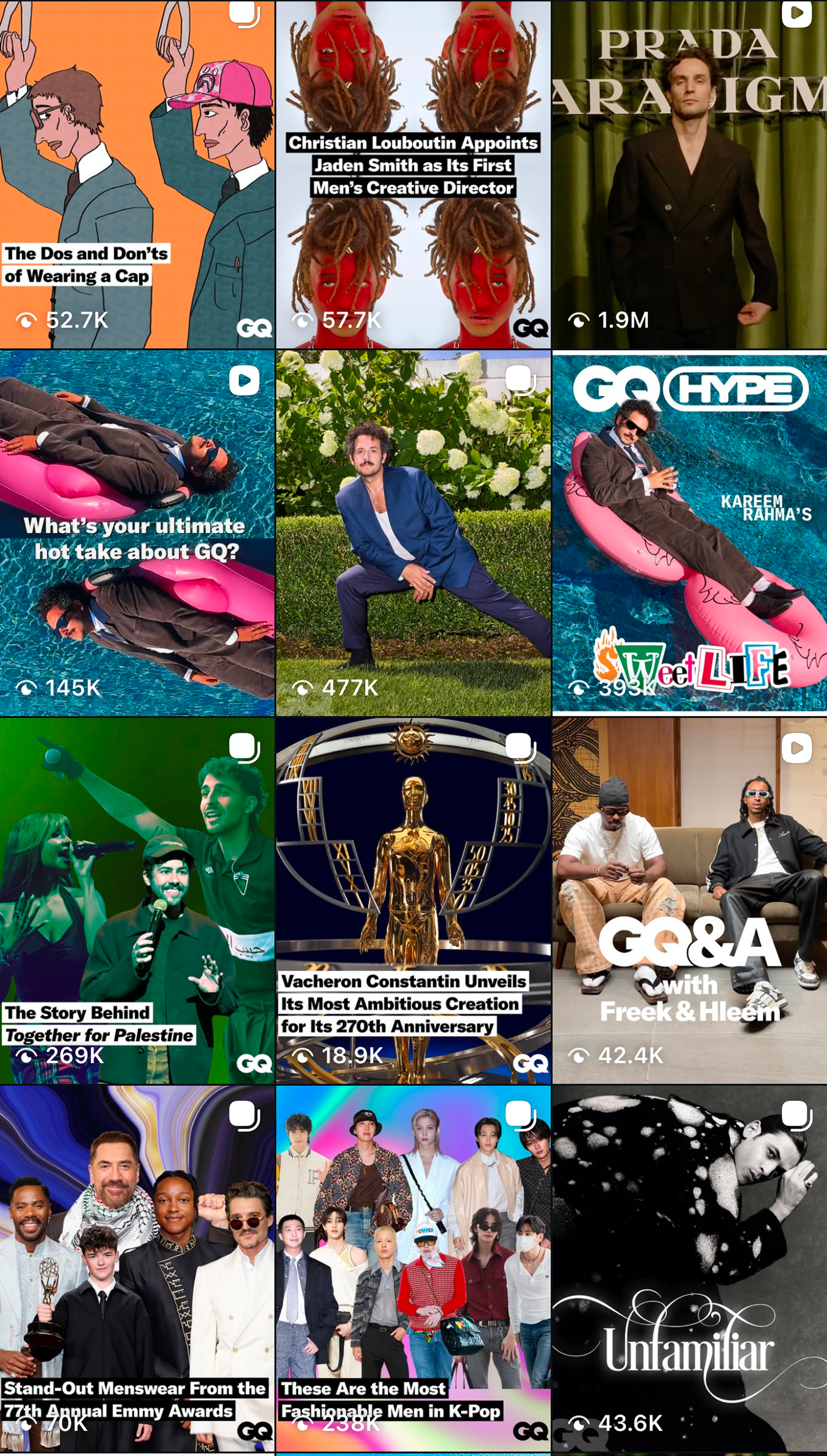 Collage of various fashion, entertainment, and celebrity images, with headlines and video icons, featuring people posing, performing, and attending events.