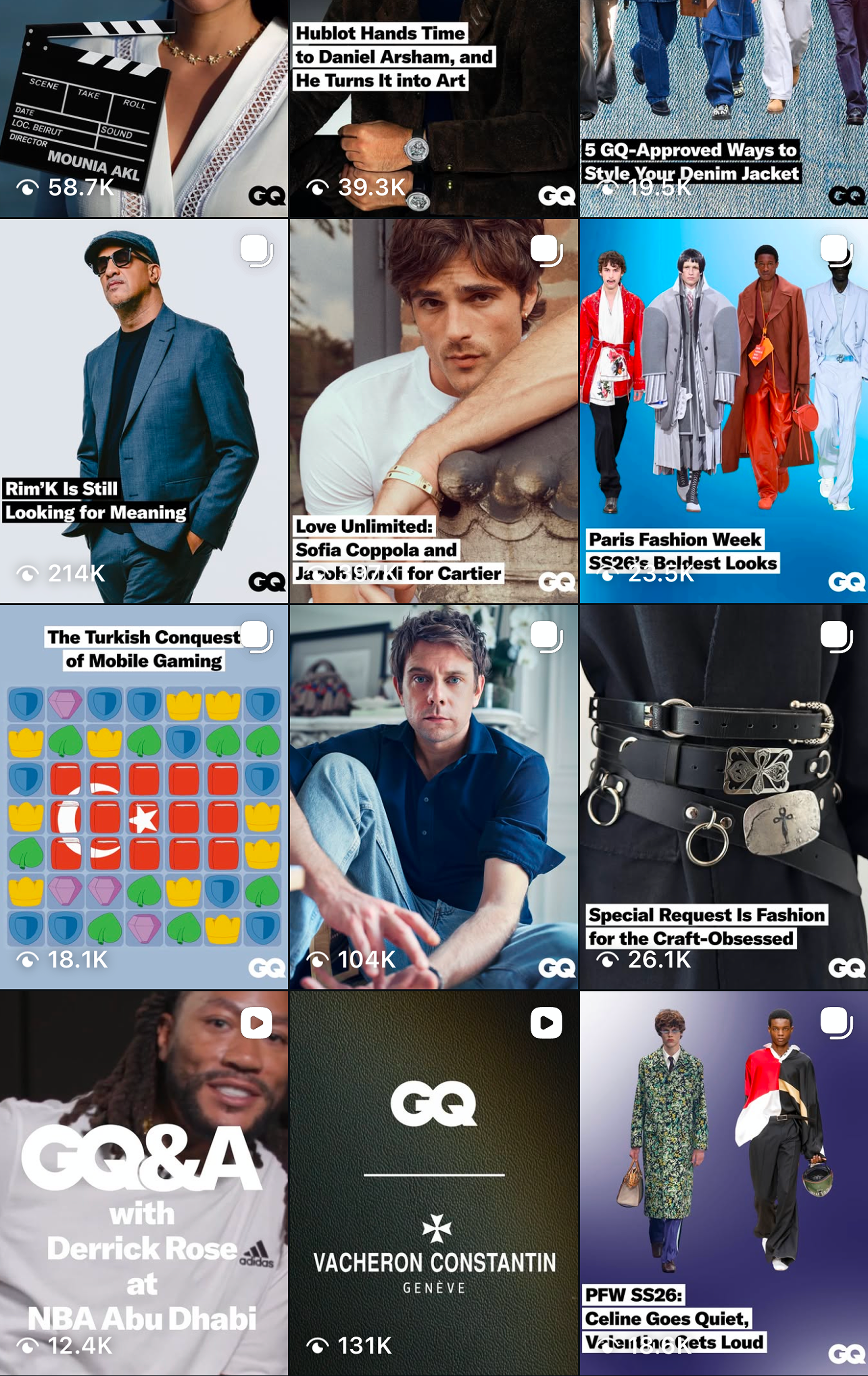 Collage of fashion and style images including a movie clapperboard, a person wearing a watch, denim jackets, a man in sunglasses, a young man with a watch, models on a runway, a mobile game, a man sitting, jewelry, two models walking, and an advertis
