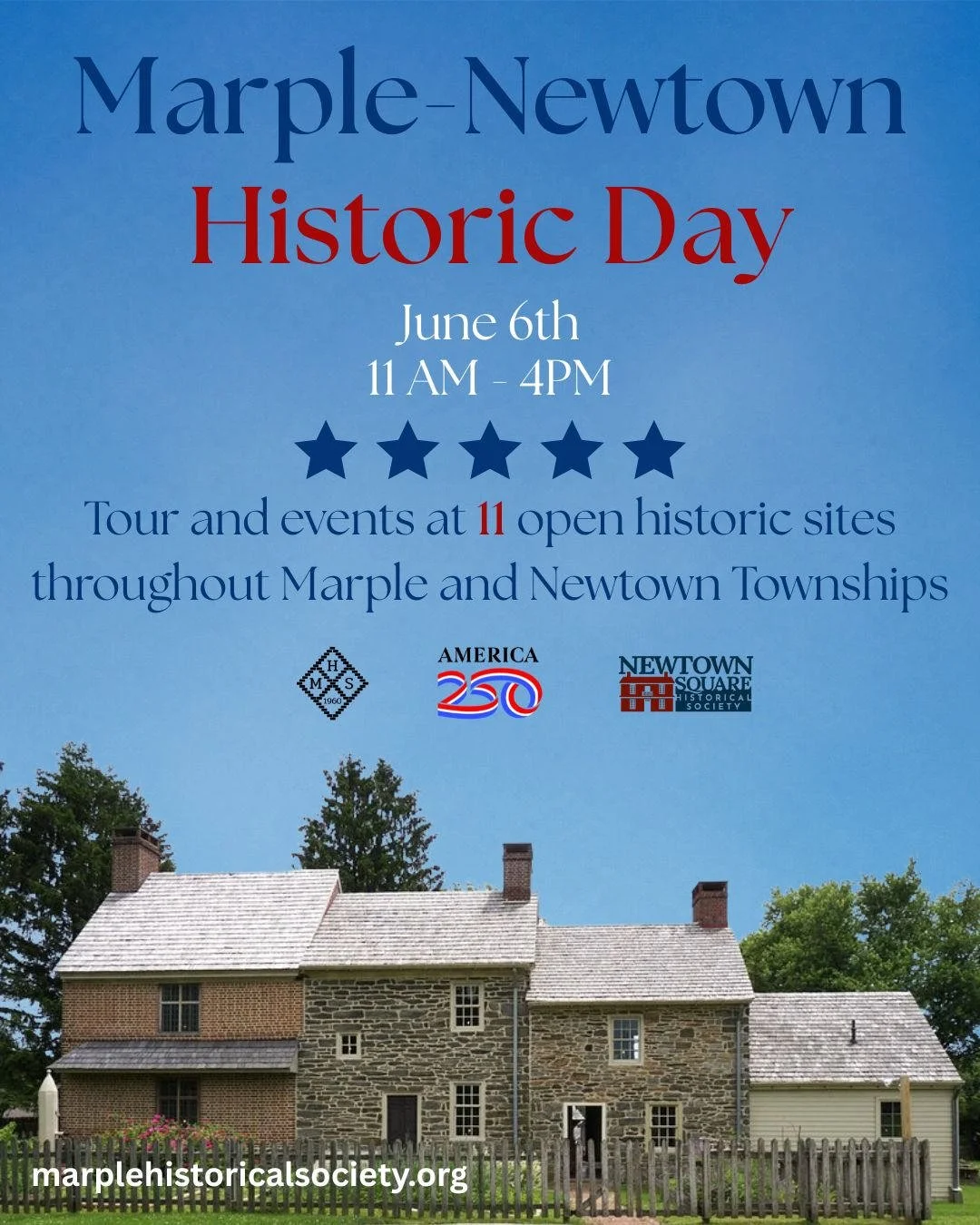 Image of the Thomas Massey House announcing Marple-Newtown Historic Day on June 6th, 2026 from 11 am to 4 pm.