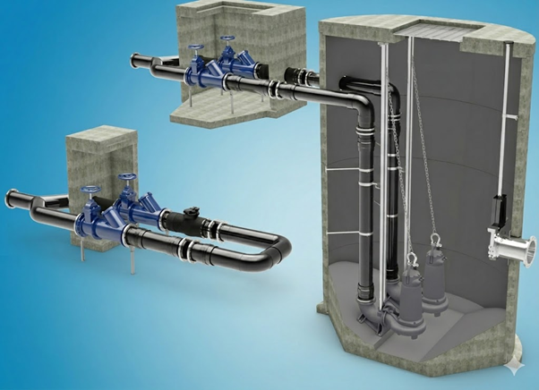 Sewage pump system installed in wastewater treatment facility for efficient sewage and drainage management.