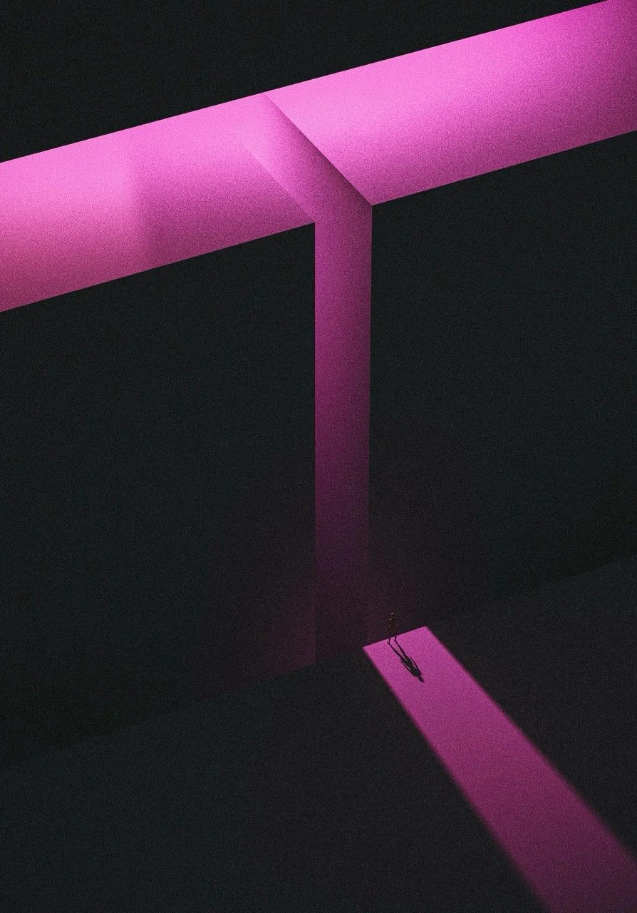Abstract image of a person's silhouette standing in front of a wall, with a small opening.