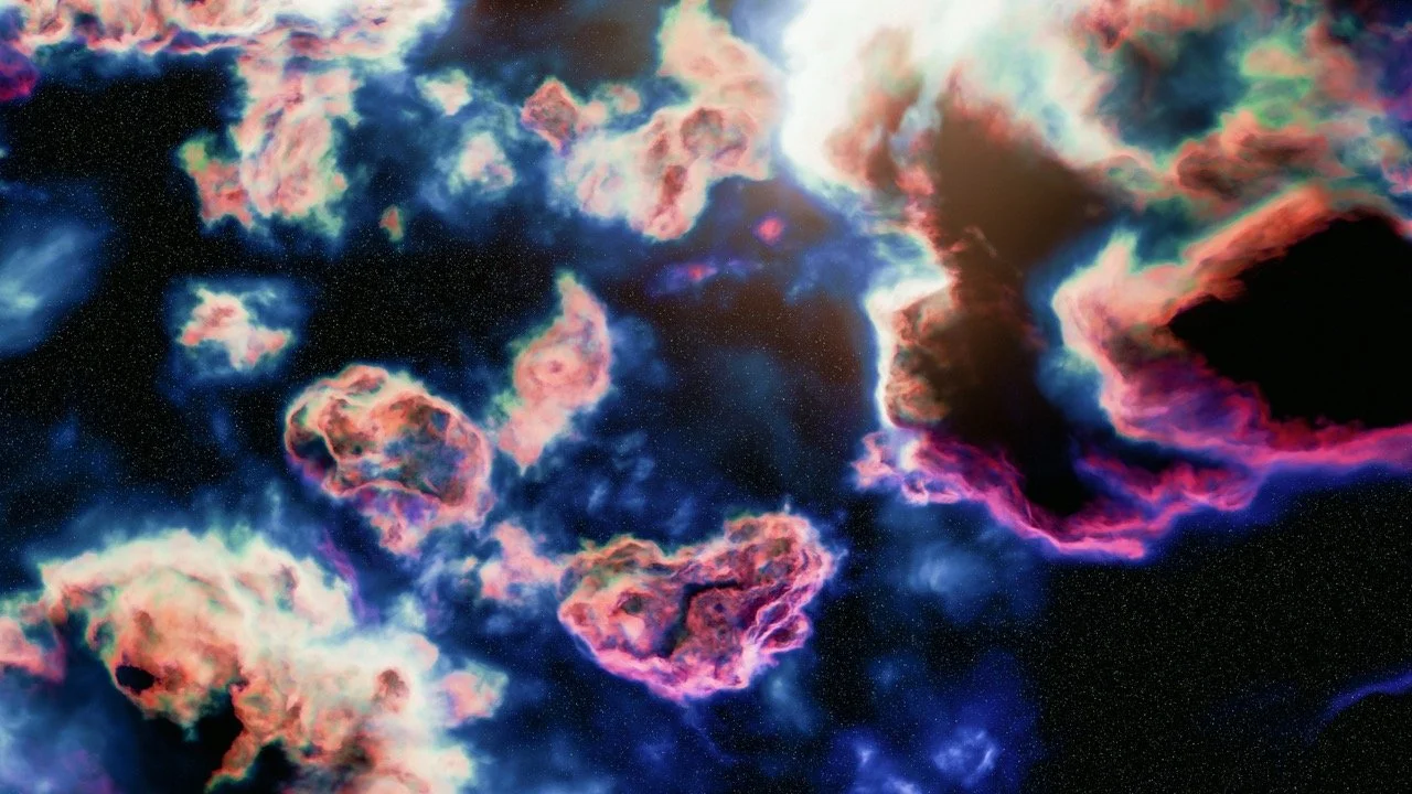 Painting of nebula, in black, dark blue, dusty pink and purple