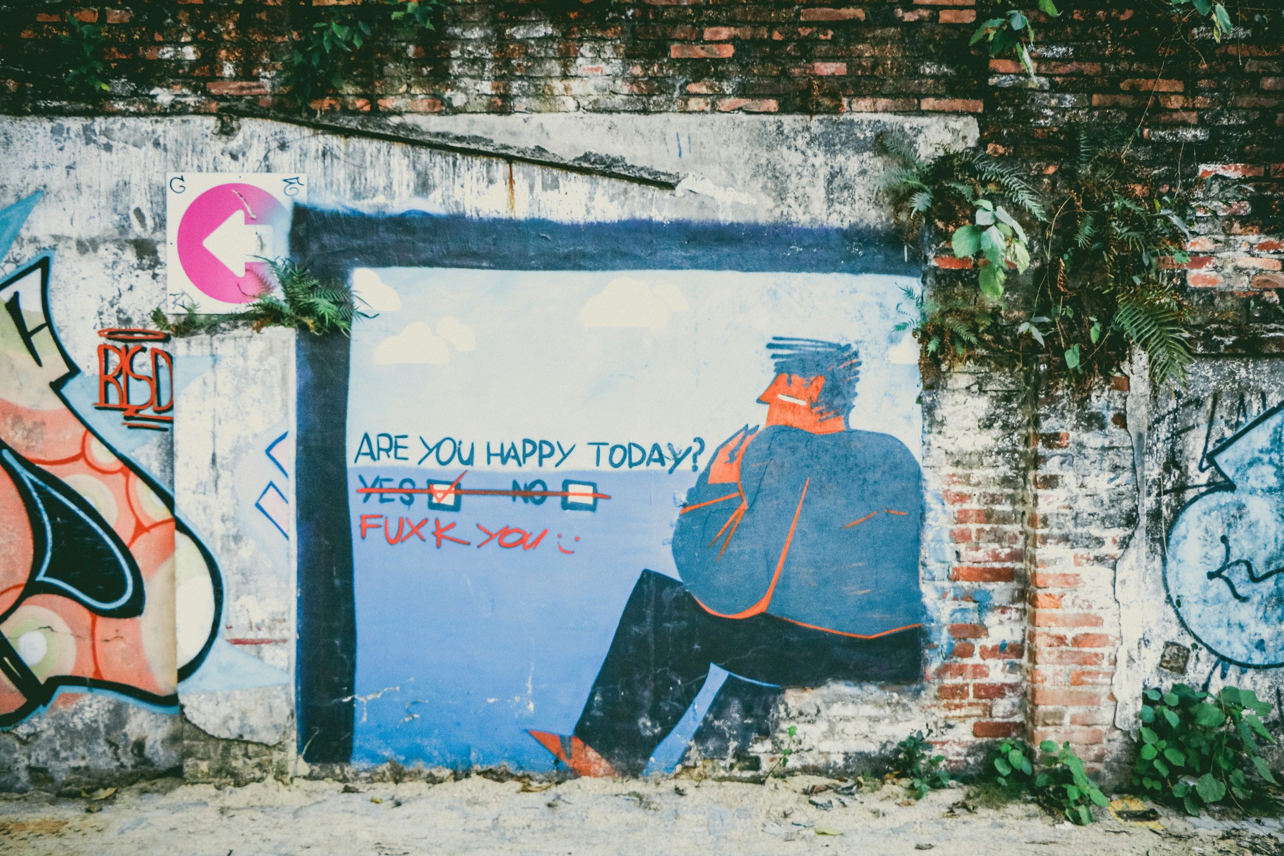Painting on a wall asking are you happy today? with the answer fuxk you
