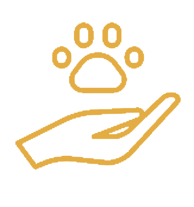 Outline of a hand holding a paw print, symbolizing pet care or animal rescue.