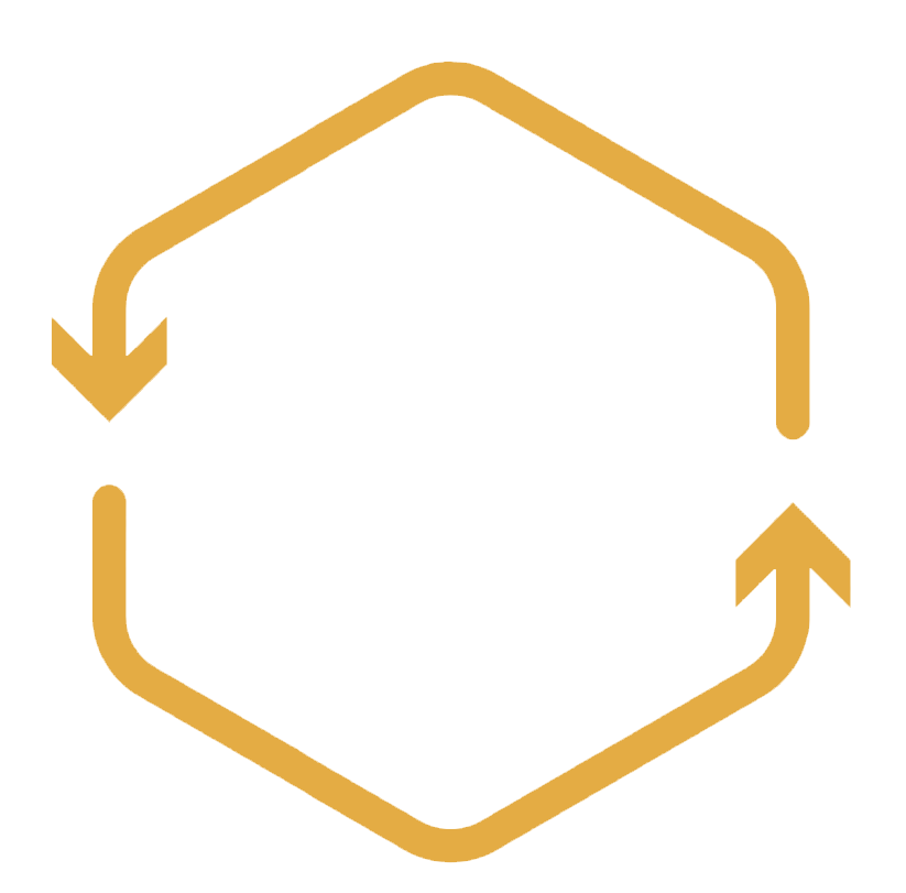 Hexagon with two gold arrows forming a loop, representing a recycling process.