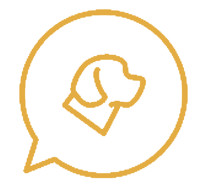 Golden outline of a dog inside a speech bubble logo on a black background.