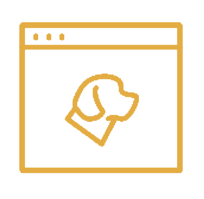 Illustration of a web browser window showing a stylized dog head profile and a paw print, sketched in yellow on a black background.