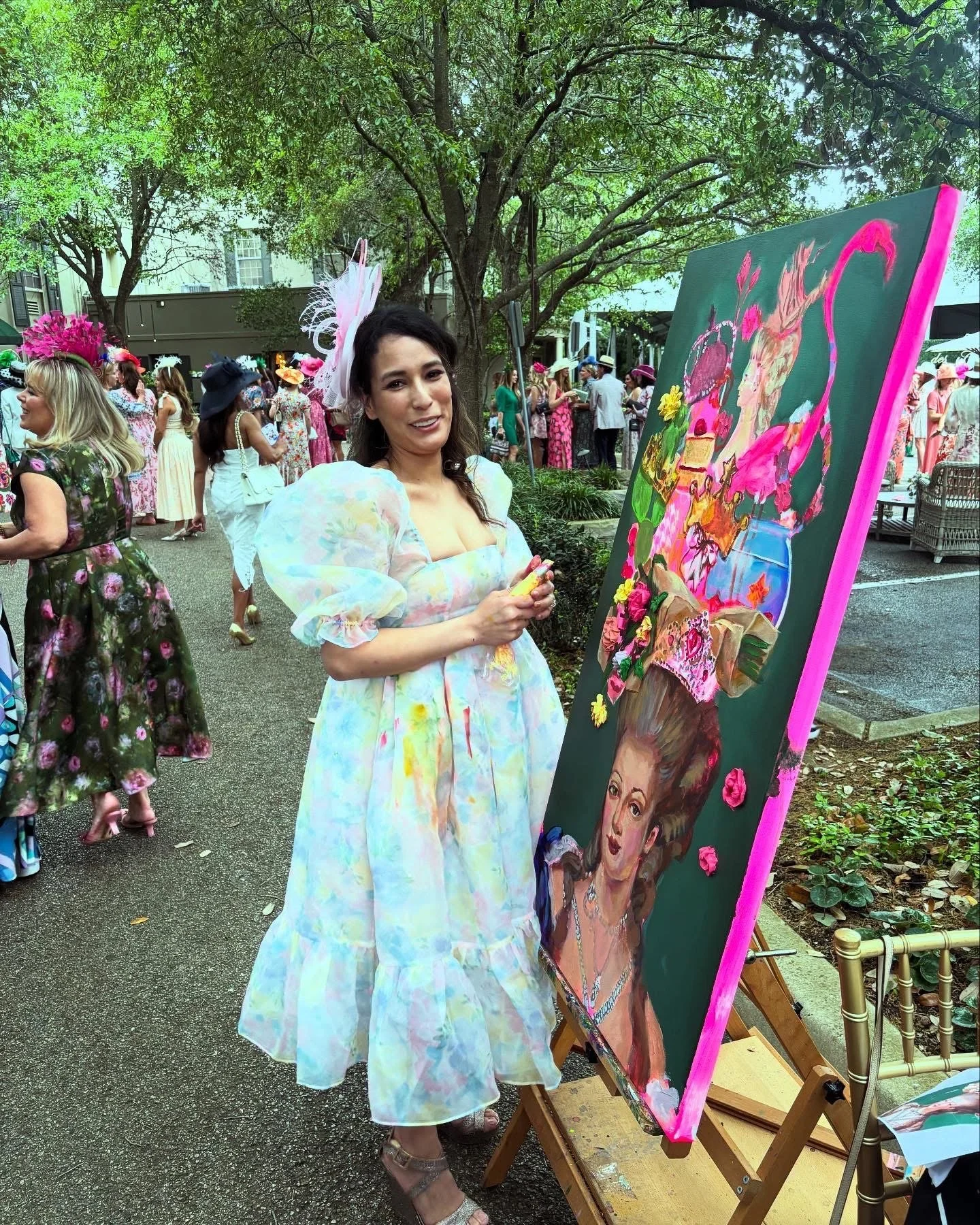 Live painting, "Queen of Many Crowns" by Ana Hernandez-Burwell with AnArte Gallery.  Collected by artist/art collector Lucy Peveto with 100 % of proceeds benefiting ACN 
