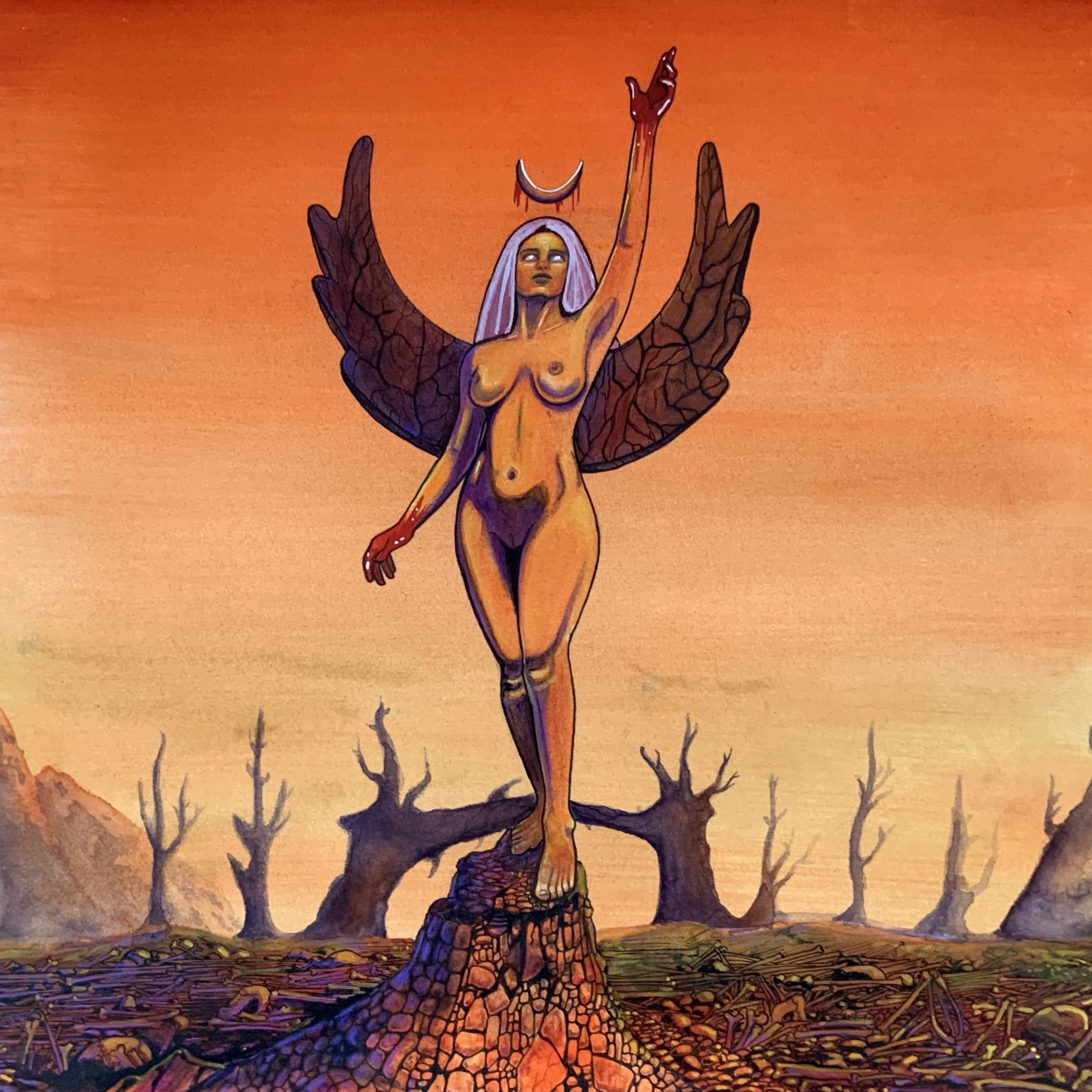 Female winged figure in apocalyptic scene