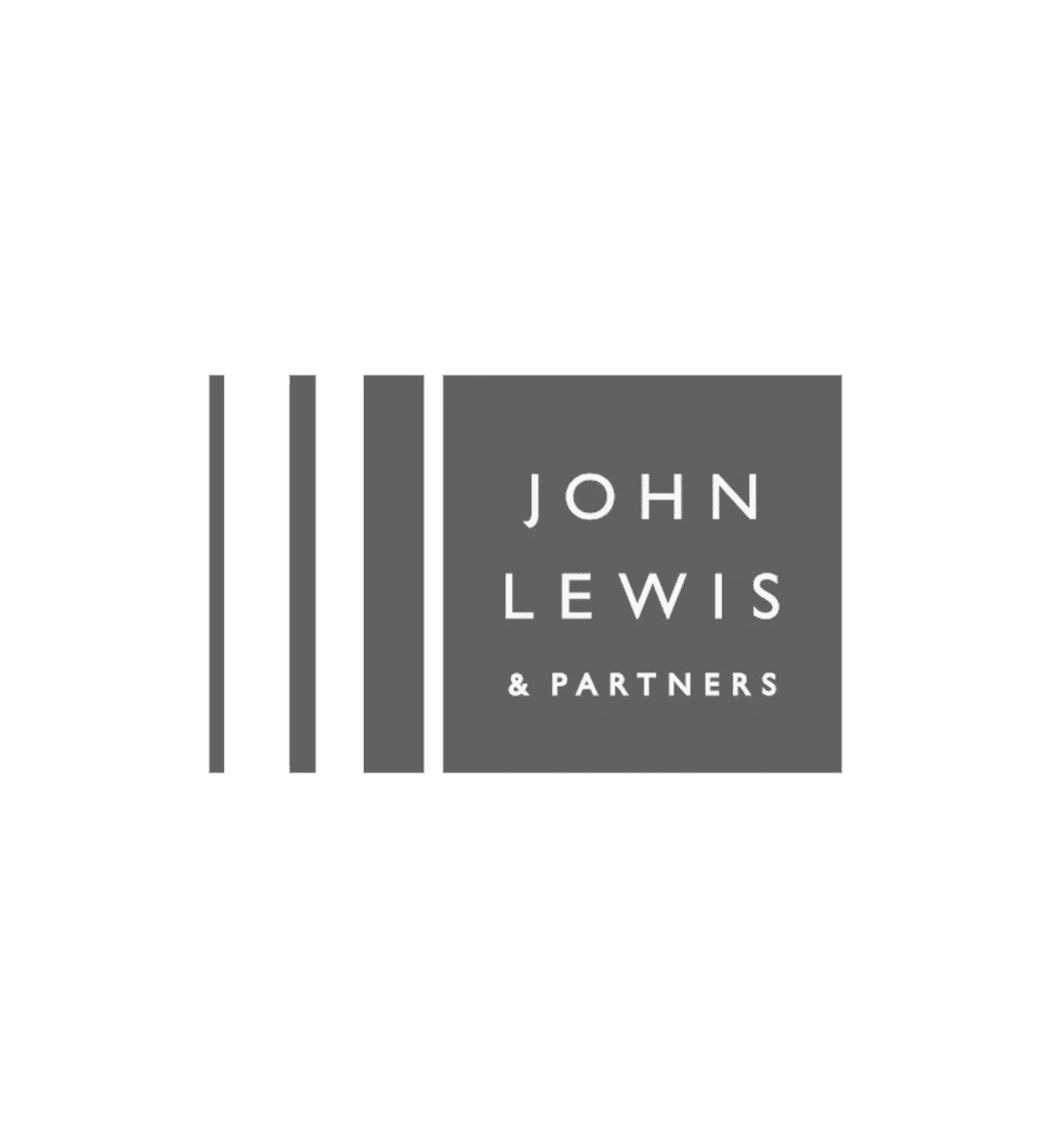 John Lewis logo - Dark grey vertical stripes, increasing in width, to the left of a square that has the word mark "John Lewis & partners" centred