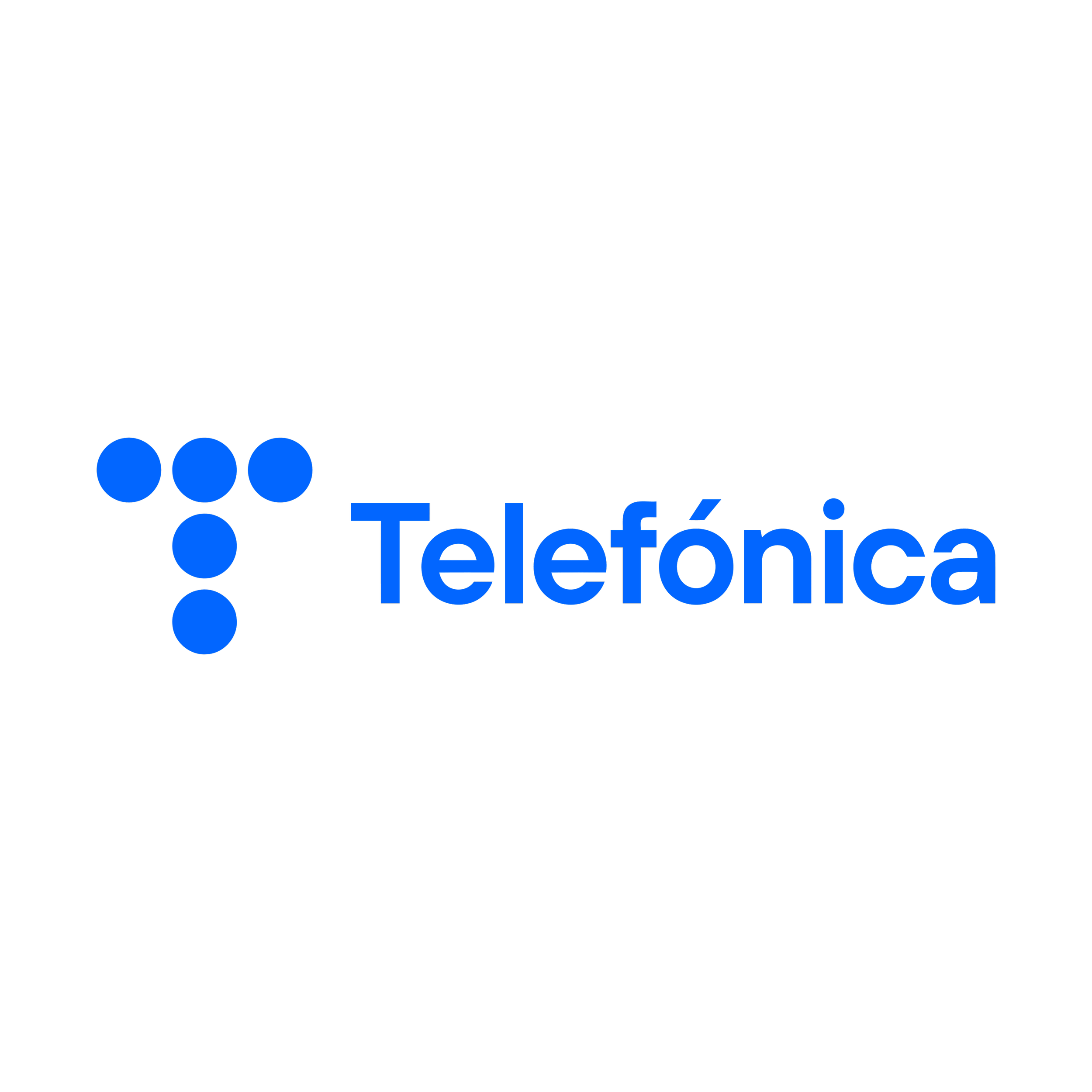 Telefonica logo - 5 blue dots in the shape of a T make up the Telefonica brand logo with the Telefonica word mark to the right.
