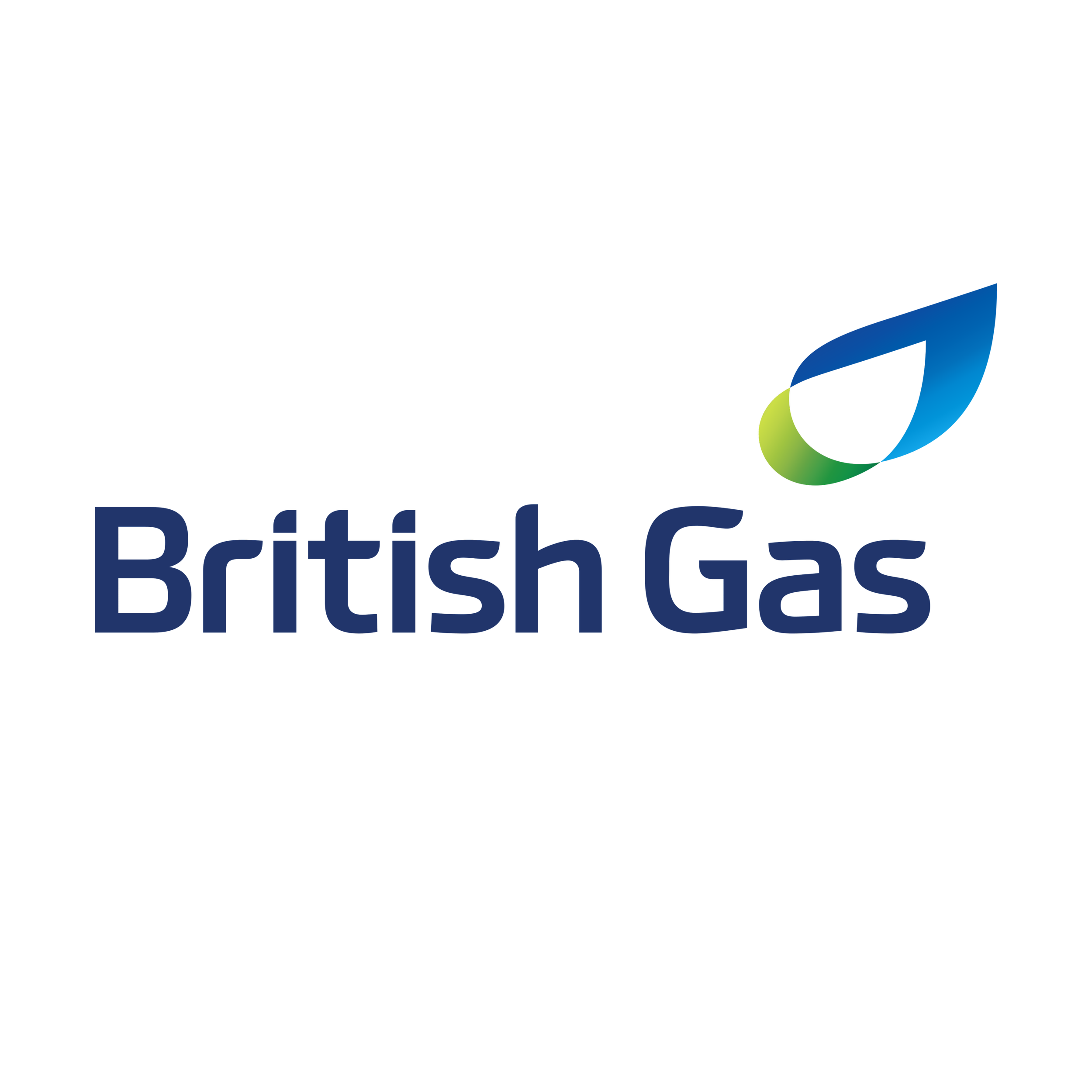 British Gas logo - British Gas work mark to the left of the blue and green gradient folded flame symbol set above the 'a' and 's' of the word Gas.