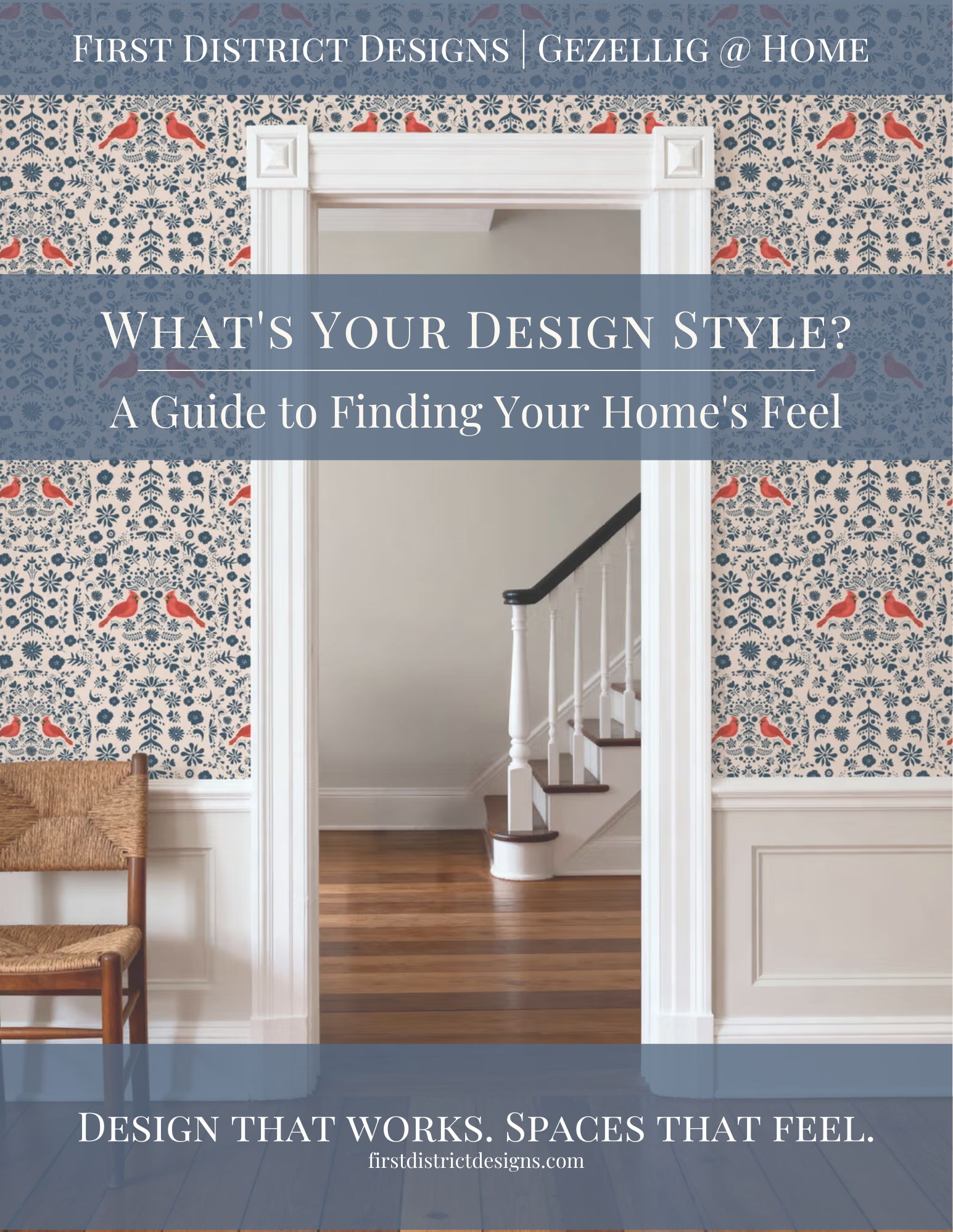 a guide to exploring your personal interior design style. image includes a rattan chair and bright colored wallpaper in a filk like print with bright red birds and soft blue leaves.
