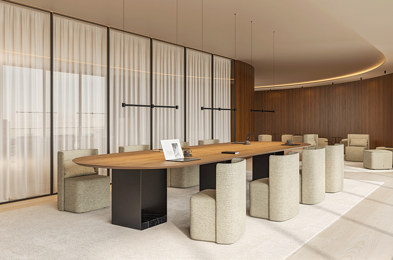 Modern conference room with a long wooden table, surrounding beige upholstered chairs, and a beige carpet. There are glass walls with beige curtains and a curved wood-paneled wall in the background.
