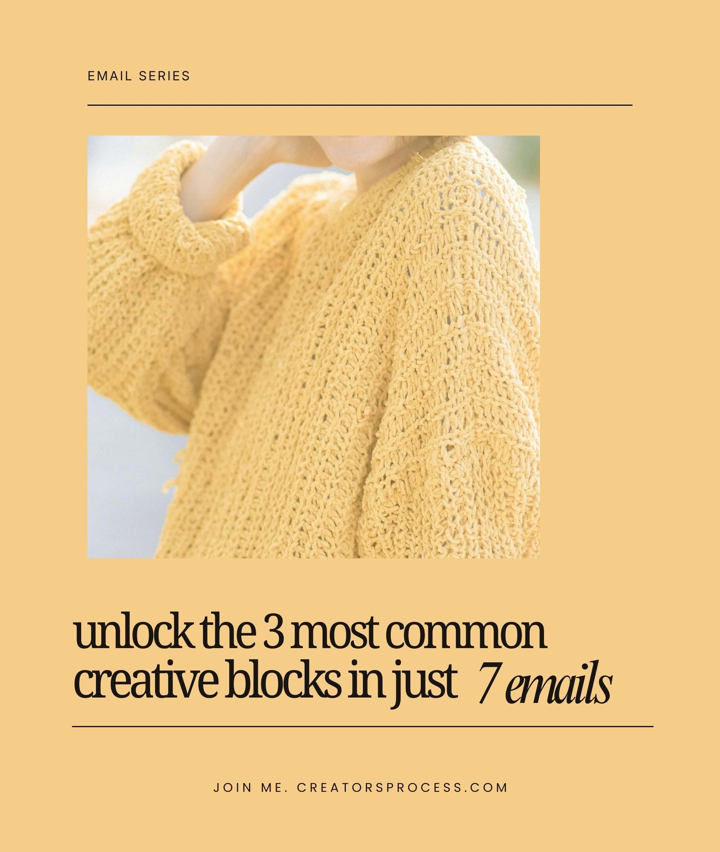 woman in yellow jumper with yellow background and text representing email series for unlocking creative blocks