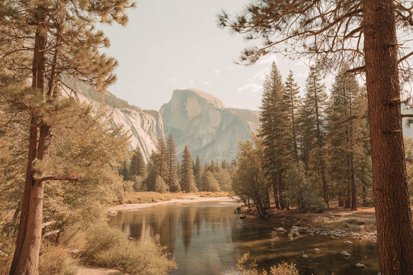 A serene landscape of a river flowing through a forest with tall trees on both sides, and large mountains in the background under a partly cloudy sky.