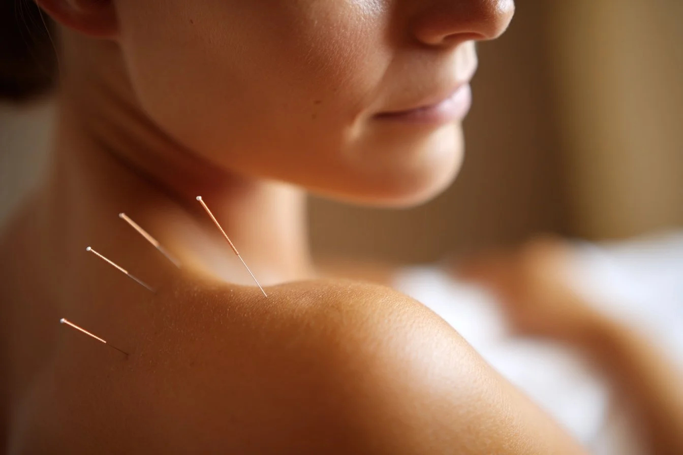 Close-up of a woman's shoulder and neck with acupuncture needles inserted.