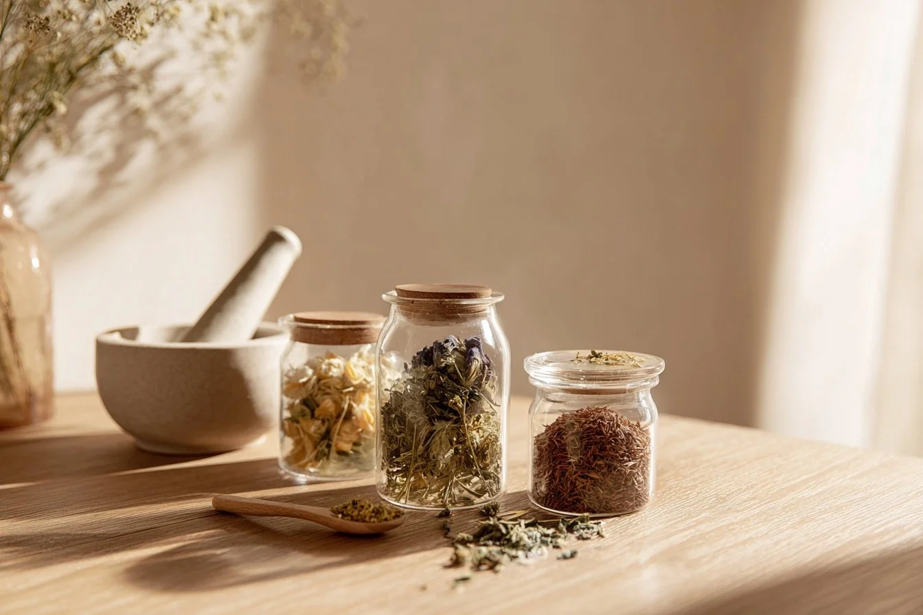 A wooden table with glass jars filled with dried herbs and flowers, a ceramic mortar and pestle, and a small wooden spoon with dried herbs, all in a softly lit room.