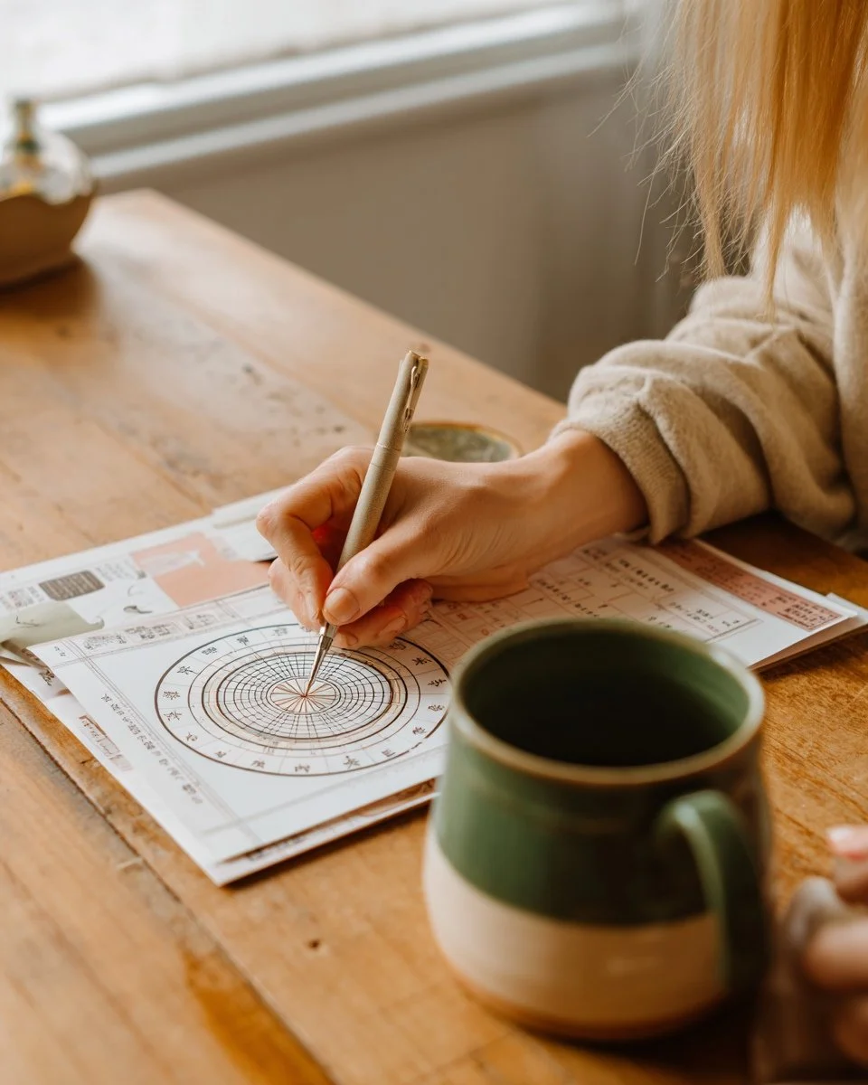 Person writing in a planner or calendar on a wooden table with a green and white mug nearby.