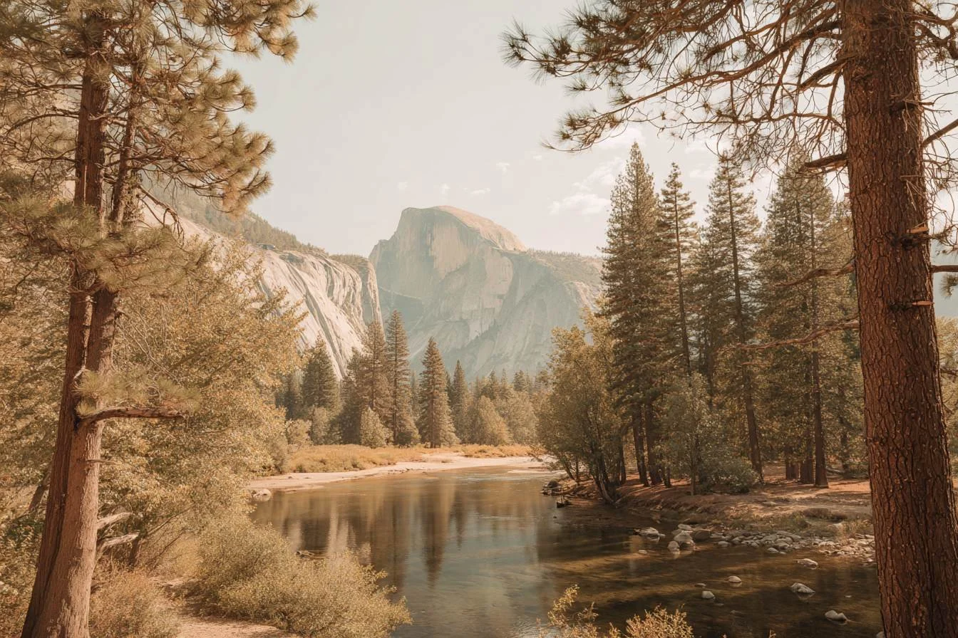 A river flowing through a forest with pine trees and towering granite cliffs in the background, under a partly cloudy sky.