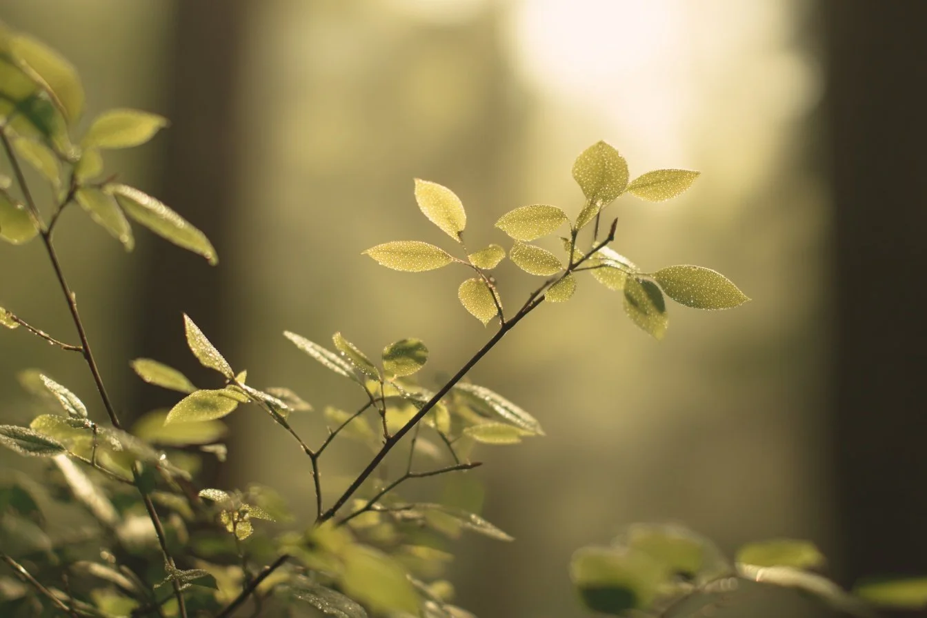 Close-up of green leaves on a branch, with sunlight illuminating them in a soft, blurred outdoor setting.