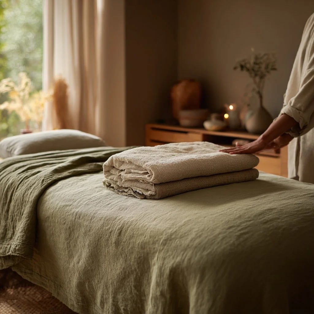 A person folding towels on a bed in a cozy, softly lit bedroom with beige and green bedding, a window with curtains, and a wooden dresser with candles and decor in the background.