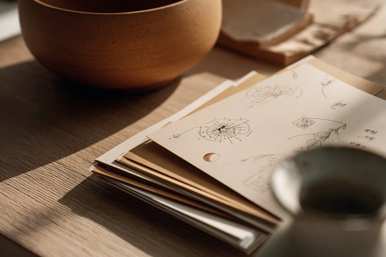 Stack of papers with sketches and diagrams, placed on a wooden table near a large wooden bowl and a spoon, with soft natural lighting.