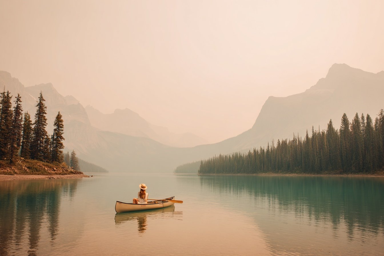 A woman sitting in a boat on a calm lake, surrounded by pine trees and mountains under a hazy sky.