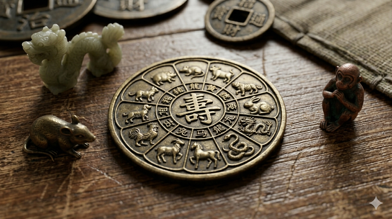 A vintage Chinese coin with zodiac animals and Chinese characters on a wooden surface, surrounded by small figurines of a white dragon, a brown rat, a brown monkey, and a gray cloth.