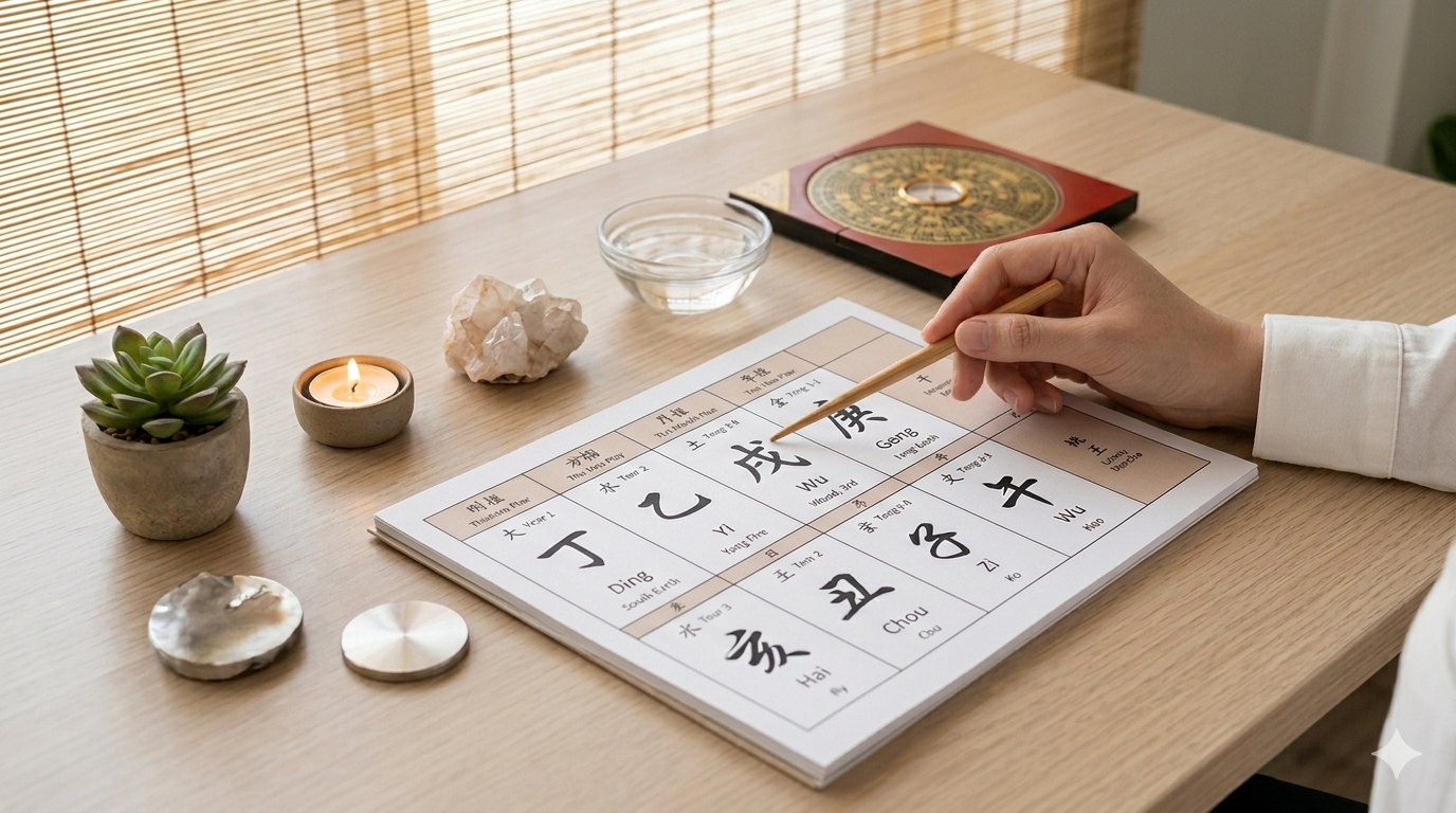 A person practicing Chinese astrology or divination at a wooden table, writing on a chart featuring Chinese characters for zodiac animals, with candles, a succulent plant, a crystal, and a book nearby.