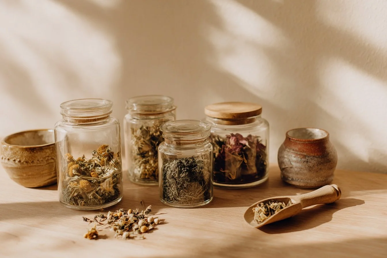 Several glass jars and small bowls containing dried herbs and flowers, with a wooden spoon filled with dried herbs in front, on a light wooden surface with soft sunlight and shadows.