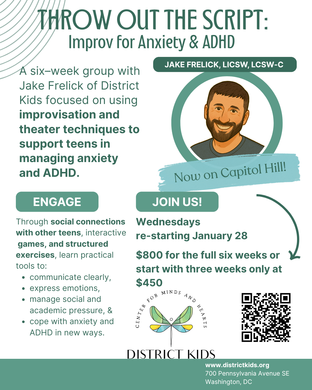 Flyer for a three-week improv group for teens by District Kids, led by Jake Frelick, focusing on anxiety and ADHD management through creative techniques, with information on joining, schedule, and pricing.