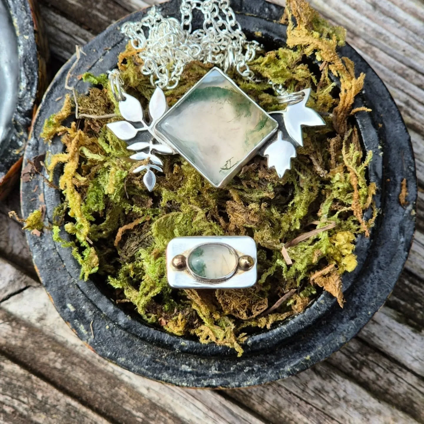 Found forgotten in a box: the first pieces I ever made for my first jewellery collection. A matching sterling silver moss agate pendant and ring. Moss agate is a stone I&rsquo;ve always loved; it&rsquo;s believed to bring growth, abundance, and a dee