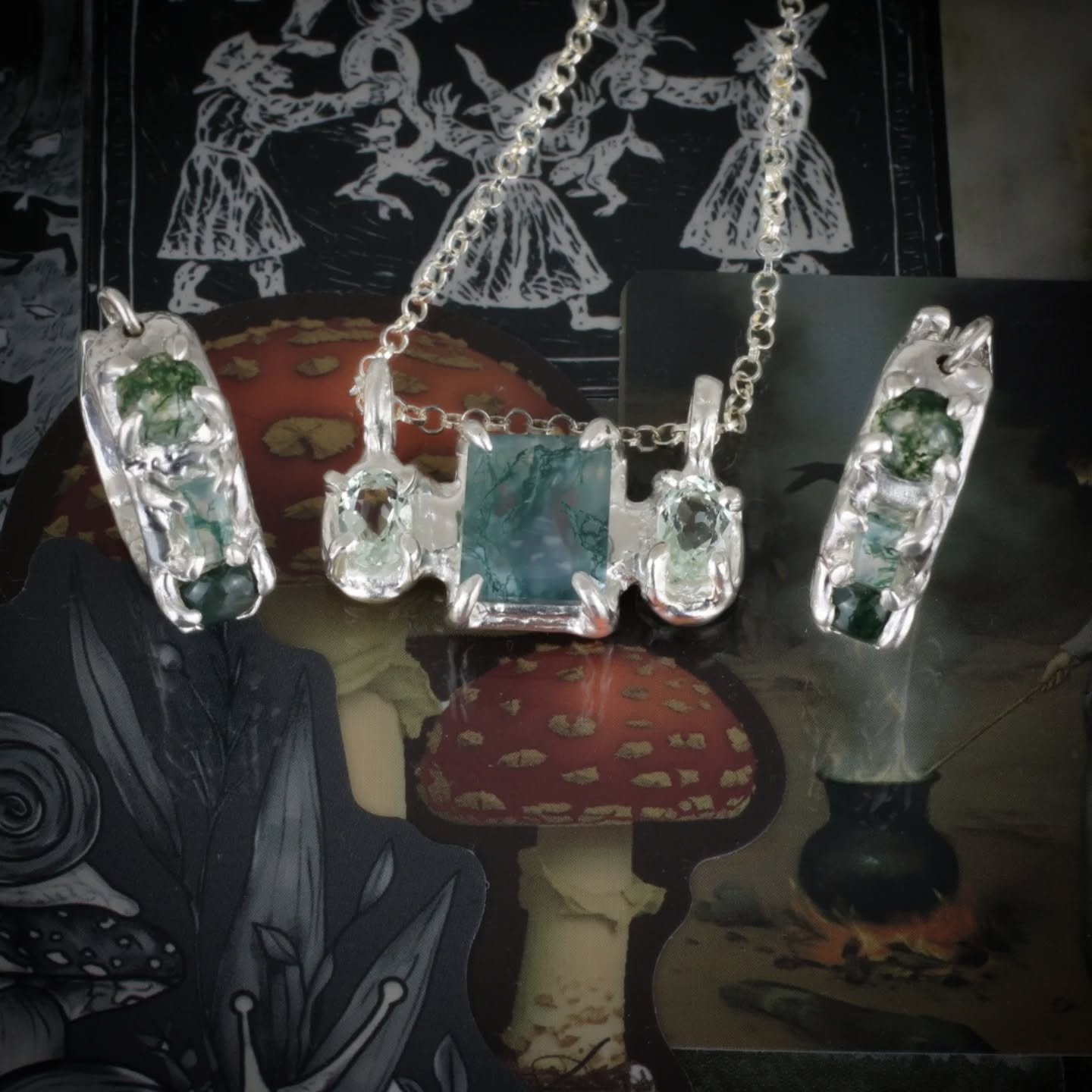 Mist, moss, moonlight, and ancient magic 🌲✨

The Forest Witch mini collection is here 🌿

Two sterling silver sets:
&bull; Moss agate pendant + matching hoops
&bull; Green amethyst &amp; prehnite pendant + prehnite &amp; peridot hoops