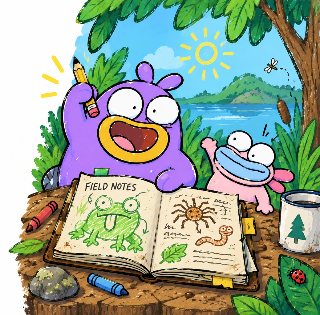 Two cartoon animals, a purple bear and a pink frog, studying nature with a book titled 'Field Notes' in a lush outdoor setting near a lake, with a tree, sunlight, a dragonfly, and a ladybug.