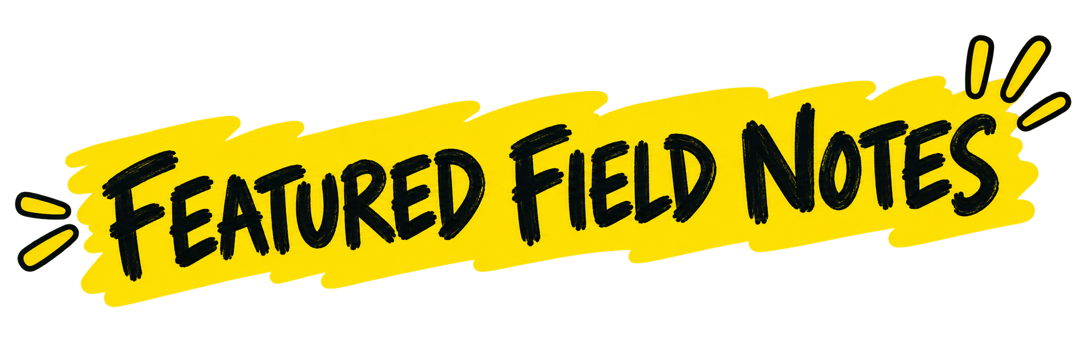Bright yellow banner with black handwritten text that reads 'Featured Field Notes' and decorative lines on each side.