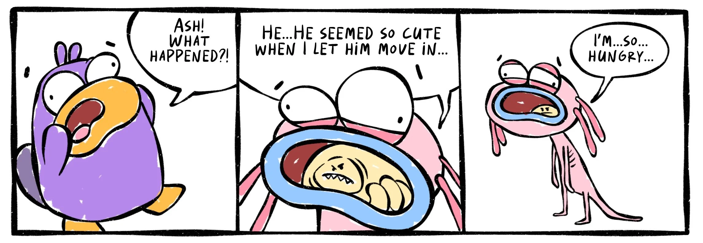 Comic strip showing Ash the Axolotl sick after getting infected by a tongue-eating louse parasite