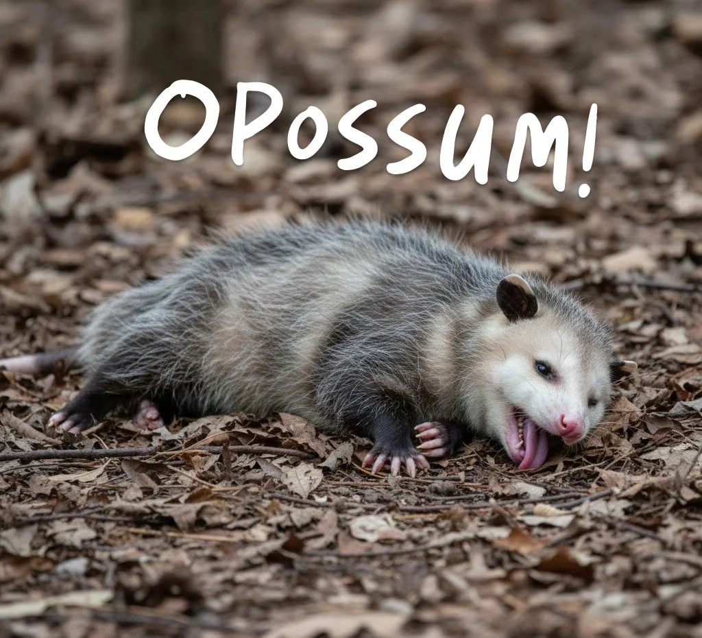 Virginia opossum lying limp on forest ground with tongue out, playing dead to fool predators