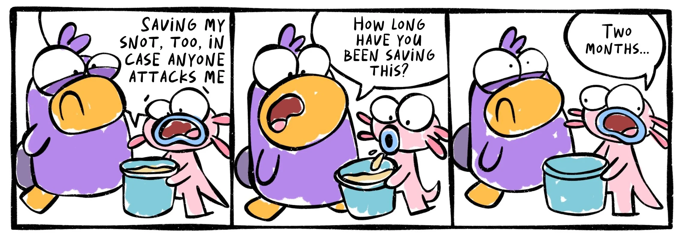Comic strip showing Ash the Axolotl trying to make slime like a hagfish