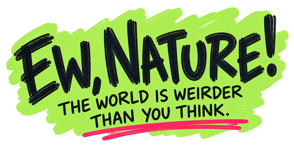 Colorful graphic with the text, "Ew, nature! The world is weirder than you think," written in bold black letters, with a green background and a pink underline.