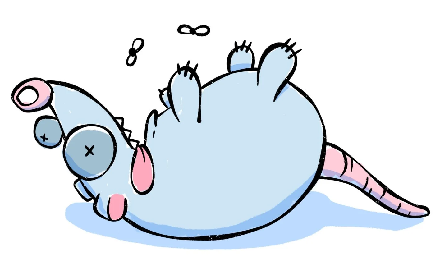 Cartoon opossum playing dead to trick predators