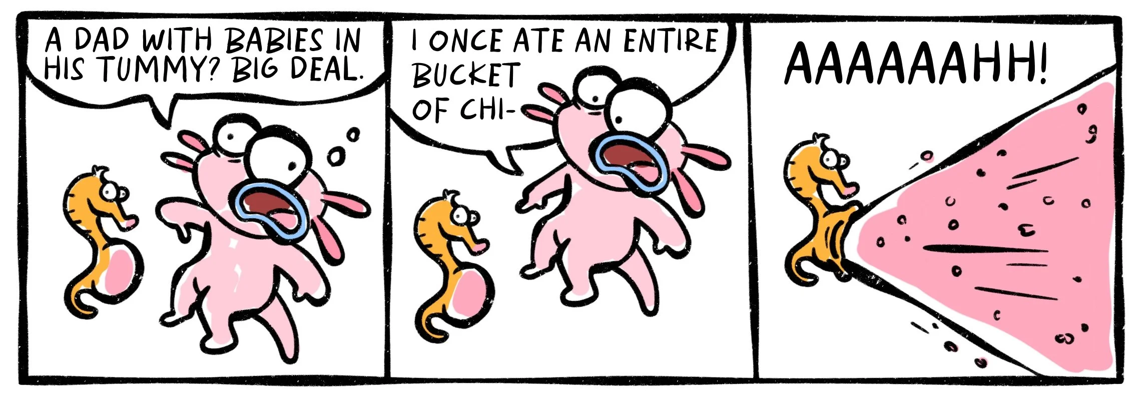 Comic strip of Ash the Axolotl reacting to seahorse dads giving birth to 2000 babies