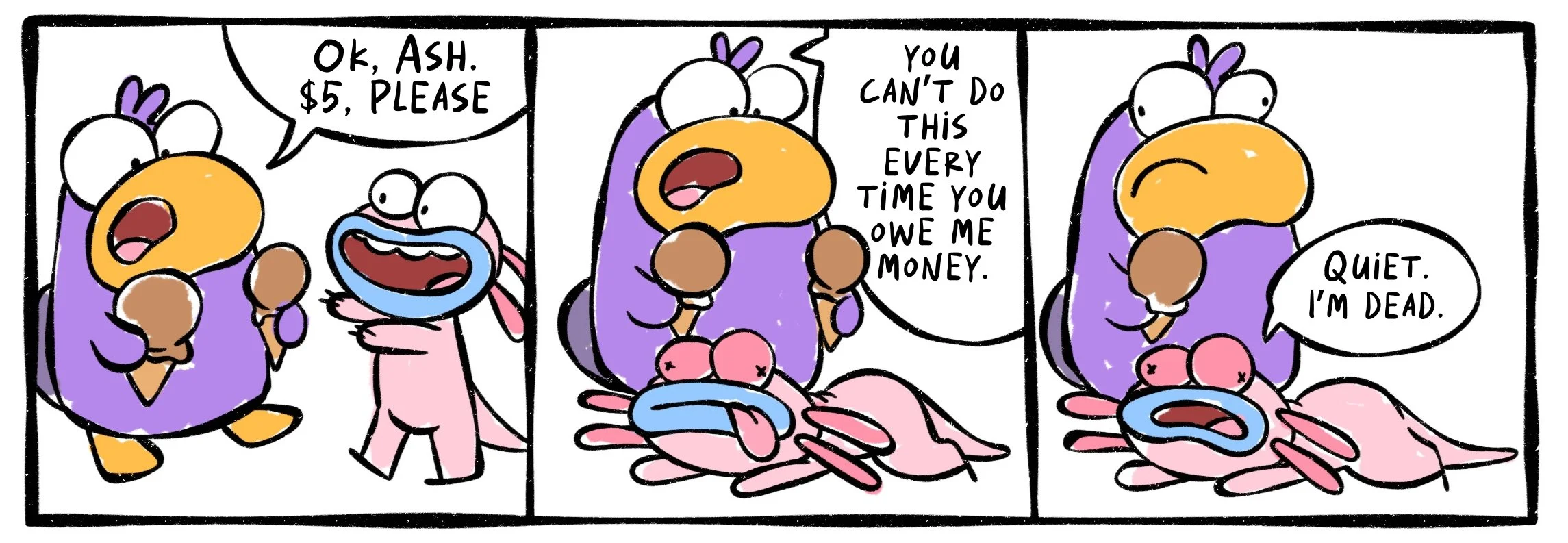 Comic strip showing Ash the Axolotl trying to play dead and failing